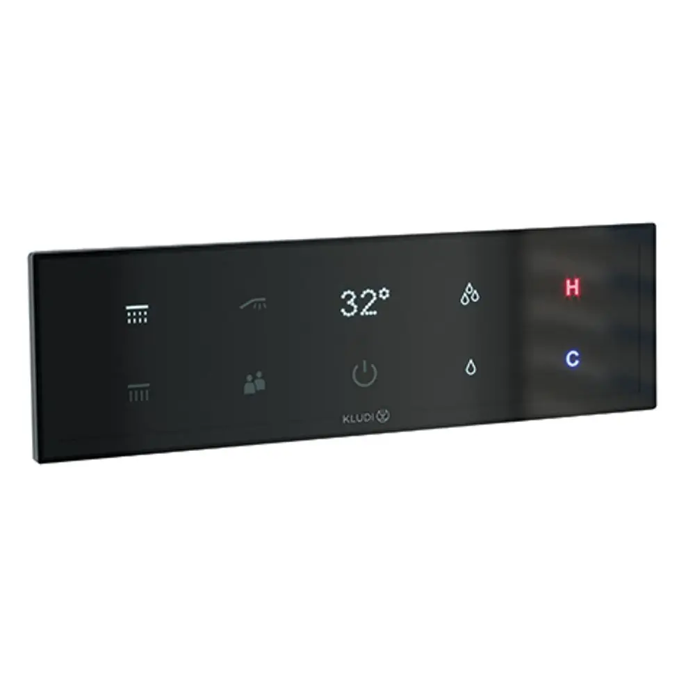 Touch-Display in Schwarz von Kludi mit digitaler Temperatureinstellung, Wasserflussanzeigen und Symbolen für verschiedene Funktionen.